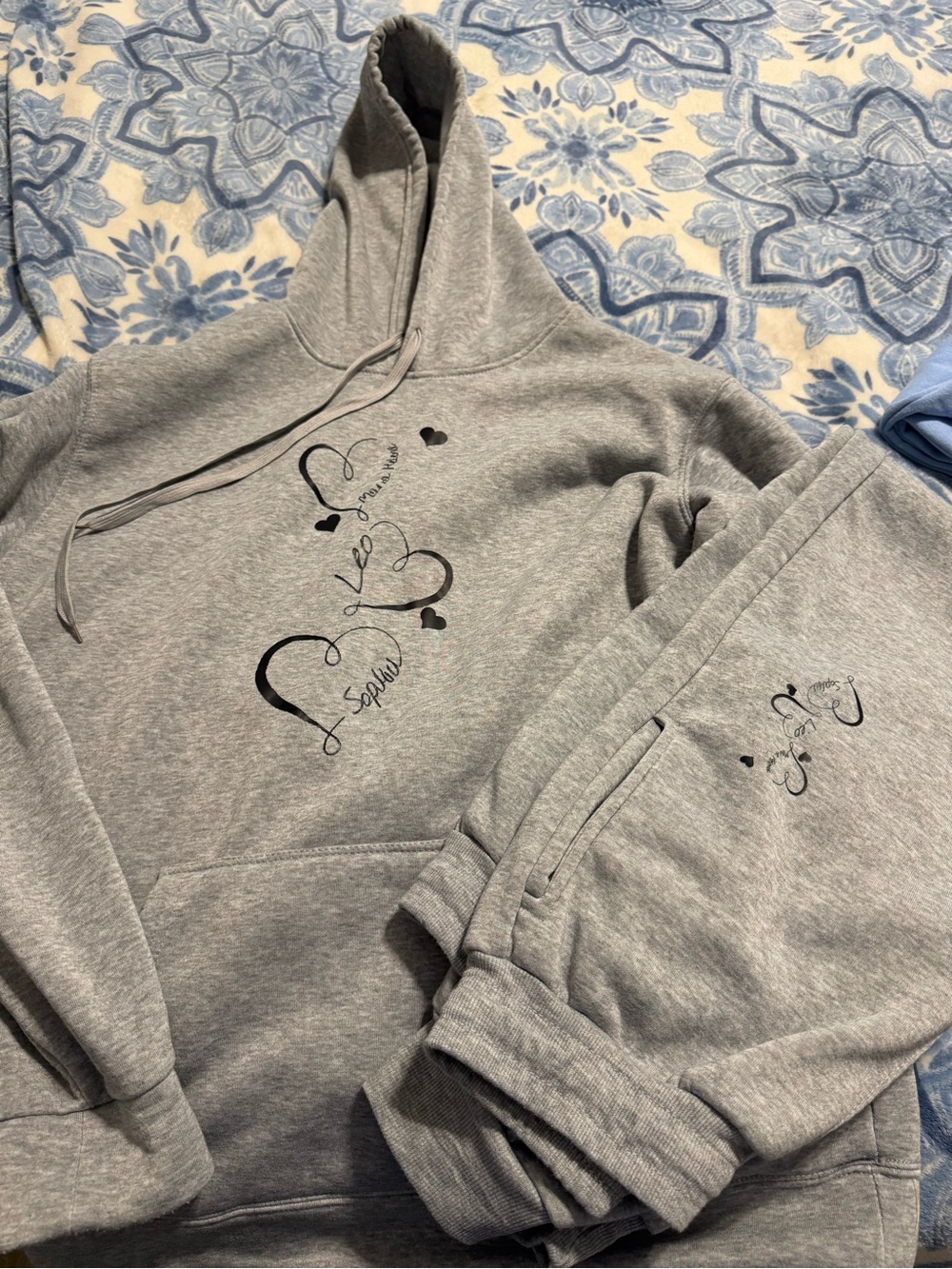 Gray Graphic Heart Hoodie and Sweatpants Set